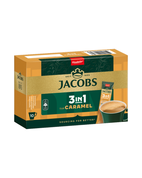 Jacobs 3in1 Typ Caramel, Loeskaffee­ Sticks mit Kaffeeweisser und Zucker, 10 Portionen, 112g